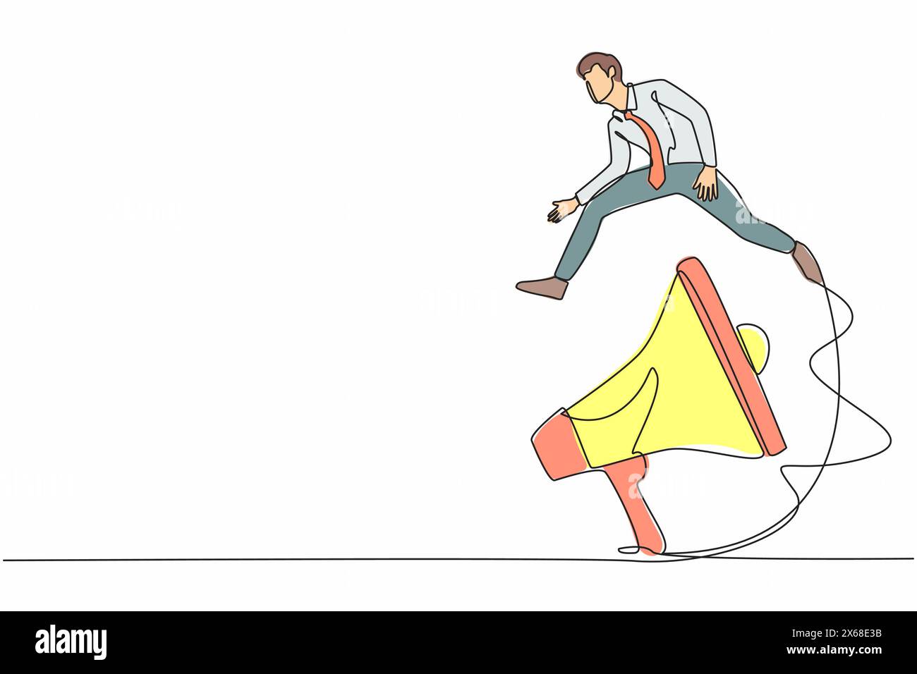 Single one line drawing businessman jumping over big megaphone ...