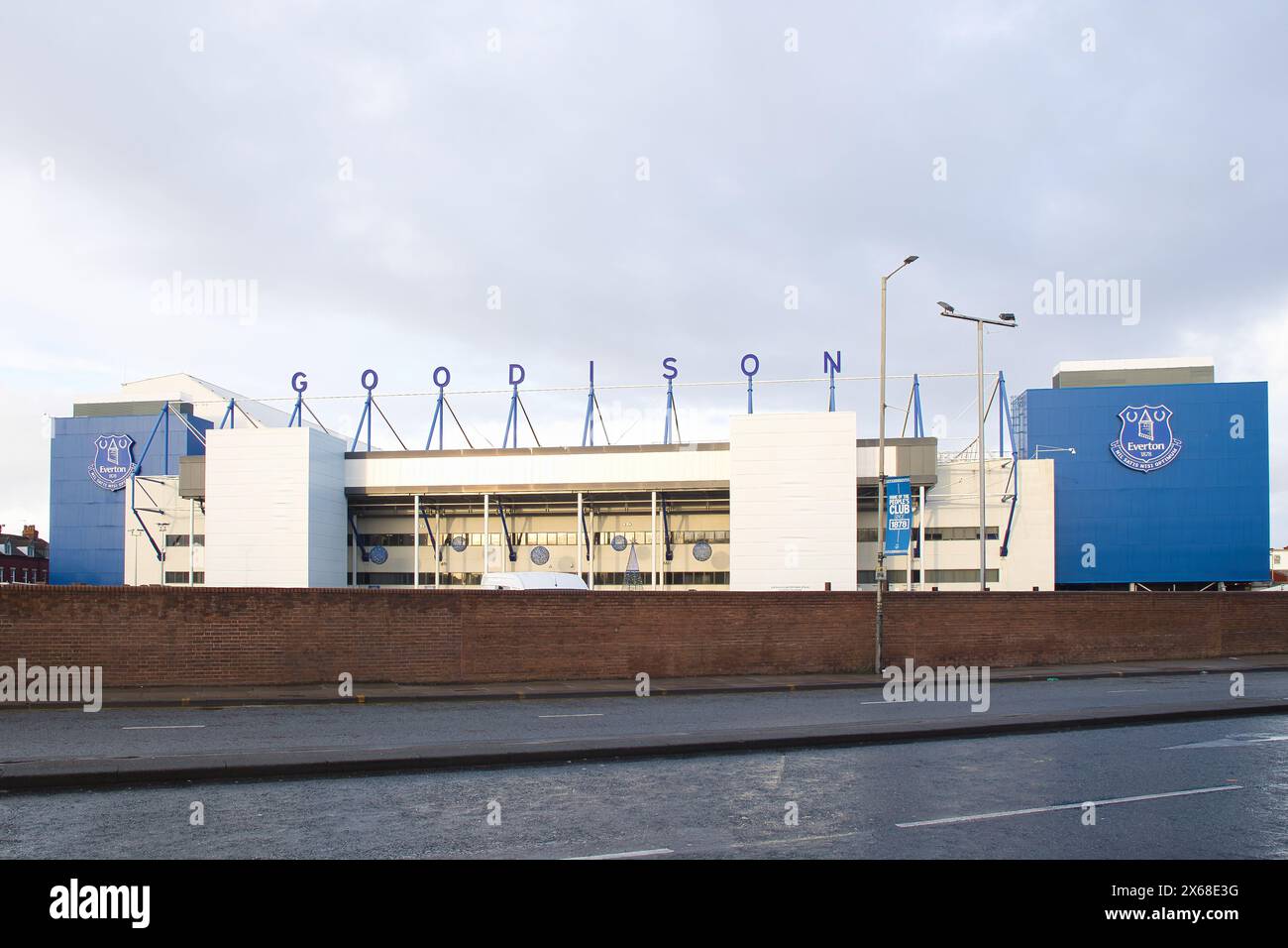 England, Liverpool - December 29, 2023: Goodison Park, the home of Everton FC, seen from Walton Lane. Stock Photo
