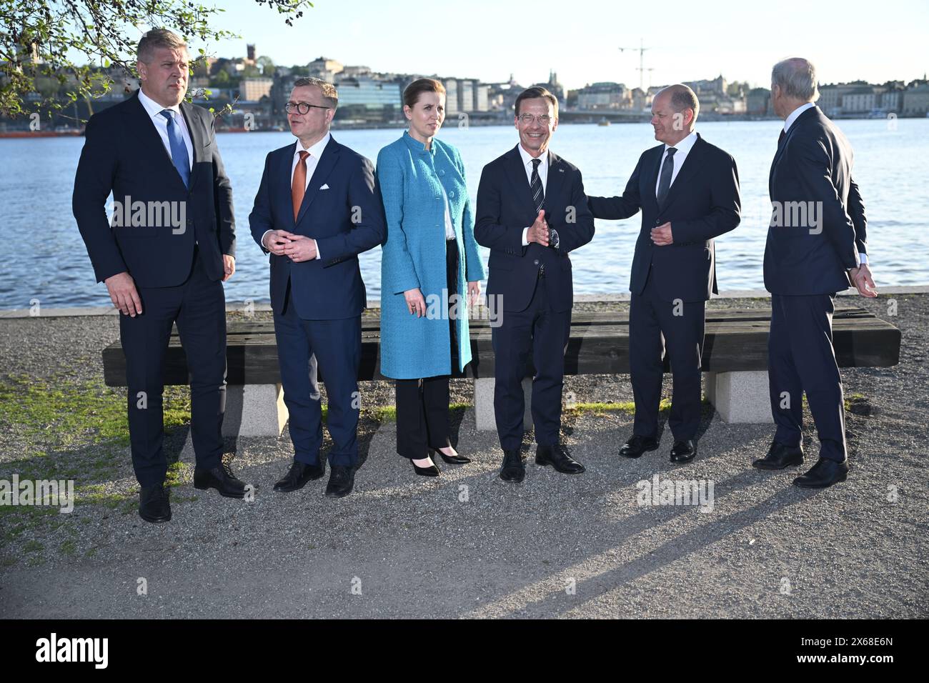 Stockholm, Sweden. 13th May, 2024. STOCKHOLM, SWEDEN 20240513(L-R) Icelandic Prime Minister Bjarni Benediktsson, Finnish Prime Minister Petteri Orpo, Danish Prime Minister Mette Frederiksen, Swedish Prime Minister Ulf Kristersson, German Chancellor Olaf Scholz and Norwegian Prime Minister Jonas Gahr Støre pose for a group photo after a joint news conference at Skeppsholmen in Stockholm, Sweden, May 13, 2024, during a two-day Nordic prime minister's meeting, on security and competitiveness. Photo: Pontus Lundahl/TT/Code 10050 Credit: TT News Agency/Alamy Live News Stock Photo
