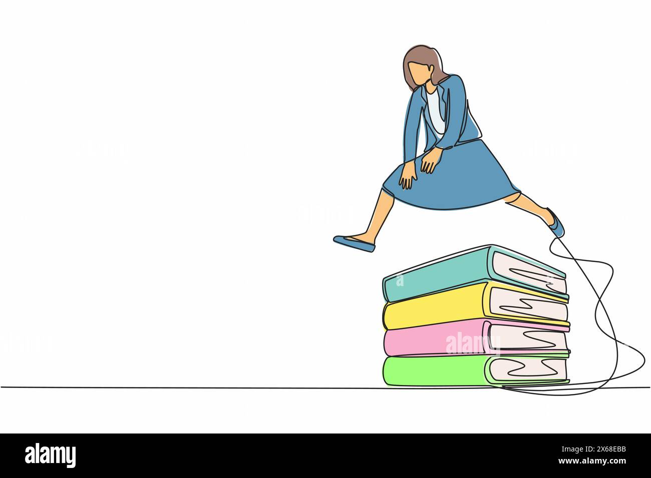 Single continuous line drawing businesswoman jumping over pile of big binders. Stack of paper work document. Management office supply, information cla Stock Vector
