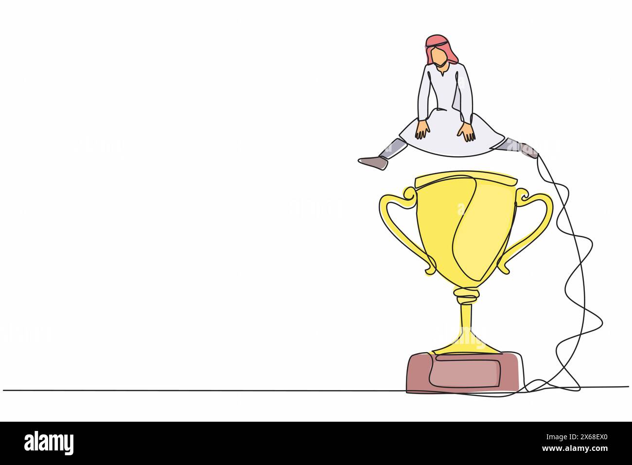 Single continuous line drawing Arab businessman jumping over big trophy. Symbolization of business challenge conquer. Success or victory, winning priz Stock Vector
