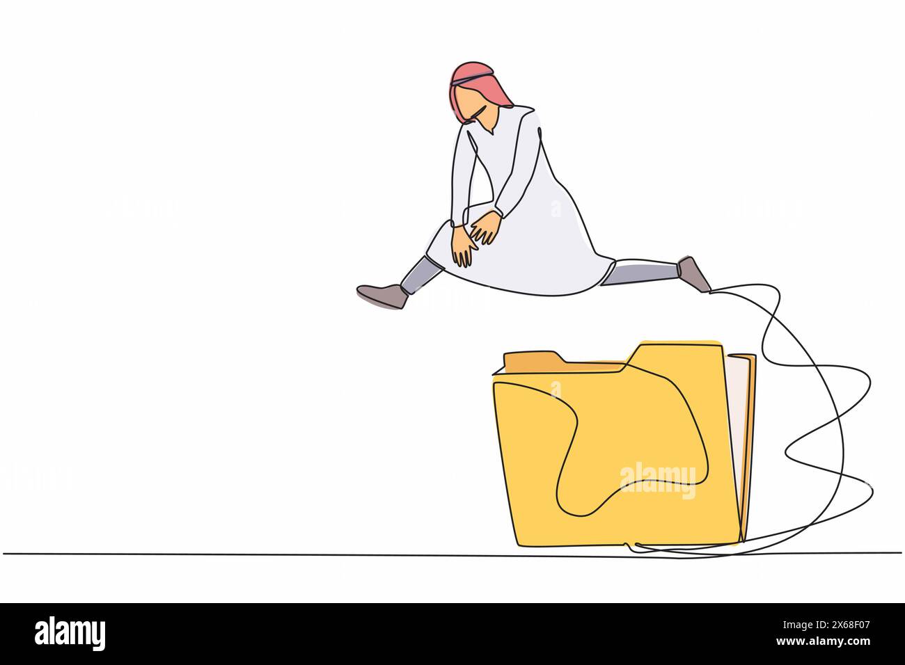 Single one line drawing Arab businessman jumping over big folder icon