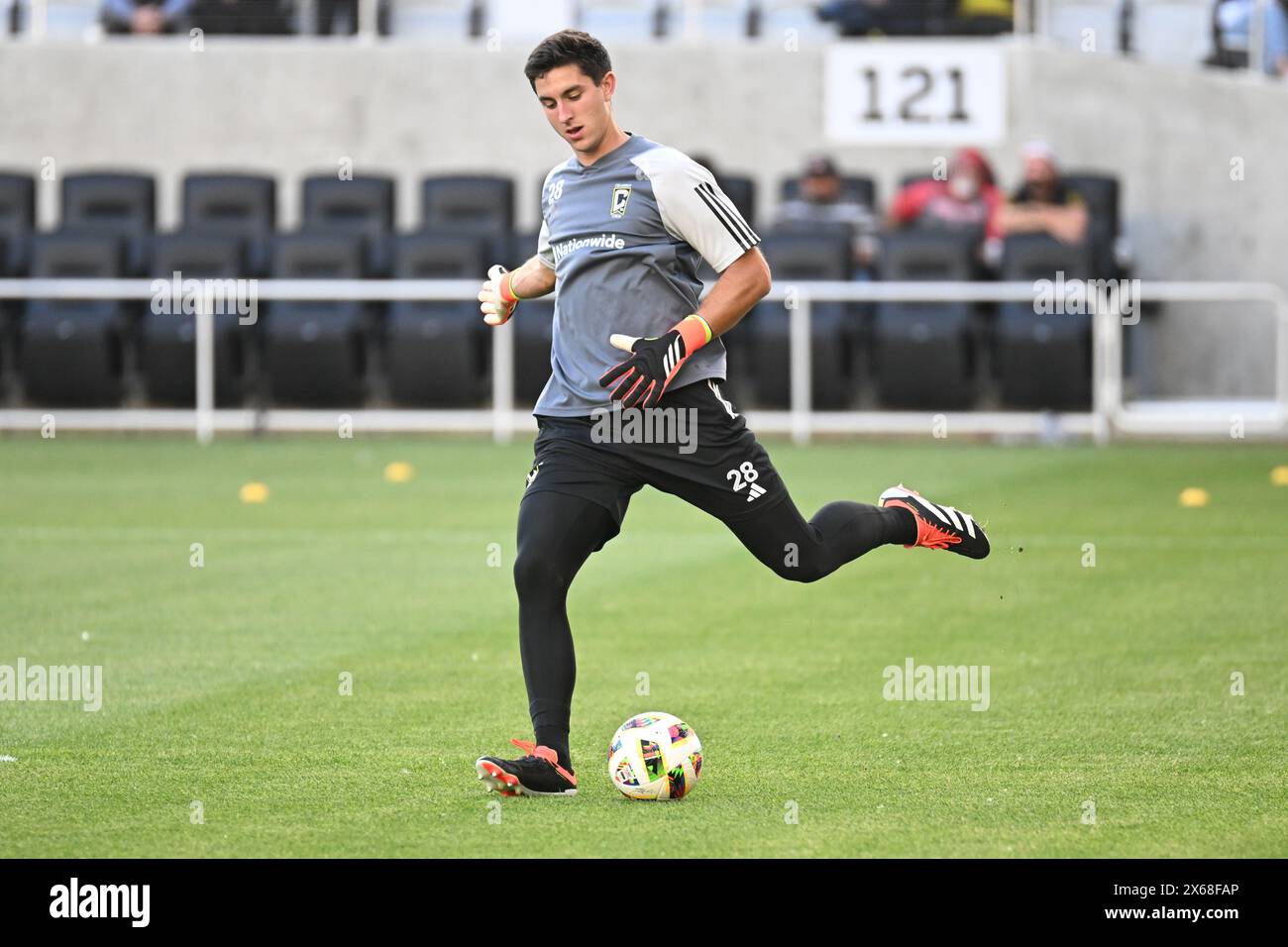 Columbus, Ohio, USA. 11th May, 2024. Columbus Crew goalkeeper Patrick Schulte (28) kicks the ball before playing FC Cincinnati in their match in Columbus, Ohio. Brent Clark/Cal Sport Media (Credit Image: © Brent Clark/Cal Sport Media). Credit: csm/Alamy Live News Stock Photo
