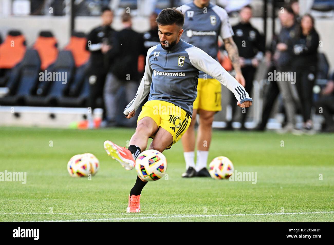 Columbus, Ohio, USA. 11th May, 2024. Columbus Crew forward Diego Rossi (10) takes a shot on goal during warm ups before playing FC Cincinnati in their match in Columbus, Ohio. Brent Clark/Cal Sport Media (Credit Image: © Brent Clark/Cal Sport Media). Credit: csm/Alamy Live News Stock Photo