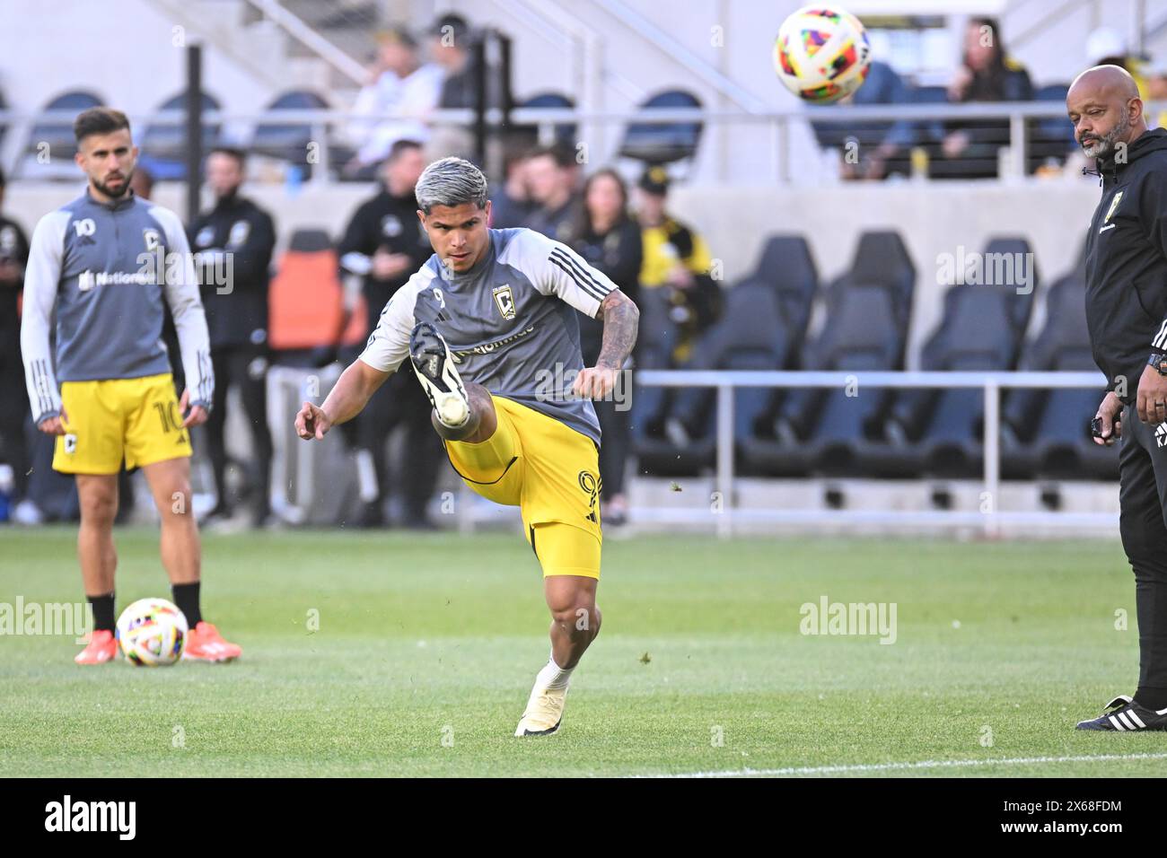 Columbus, Ohio, USA. 11th May, 2024. Columbus Crew forward Cucho HernÃ¡ndez (9) takes a shot on goal during warm ups before playing FC Cincinnati in their match in Columbus, Ohio. Brent Clark/Cal Sport Media/Alamy Live News Stock Photo