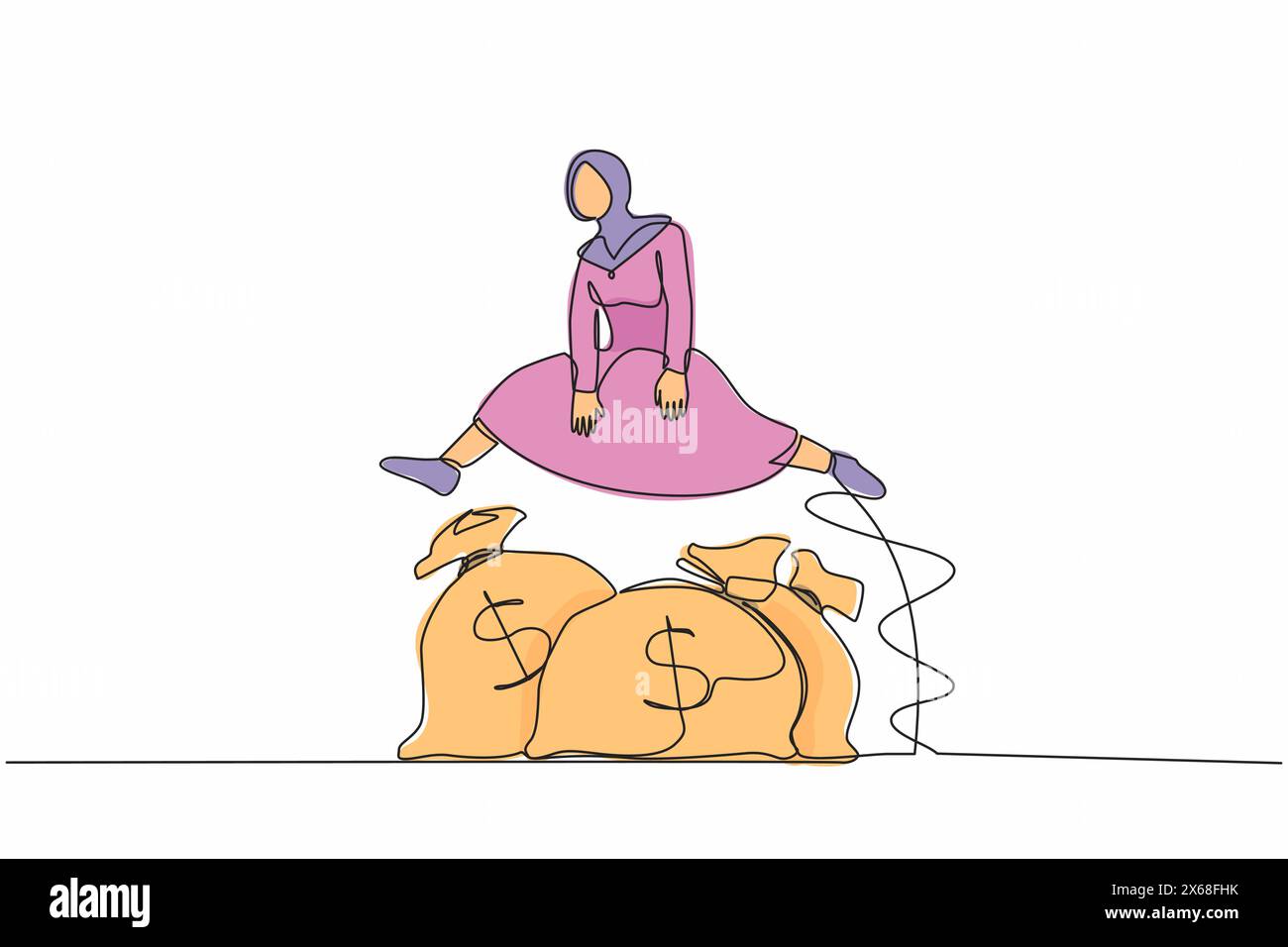 Continuous one line drawing Arab businesswoman jump over money bag. Business loan or capital funding, money help in crisis. Stimulus for starting comp Stock Vector