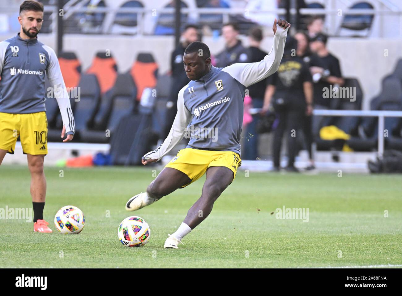 Columbus, Ohio, USA. 11th May, 2024. Columbus Crew midfielder Marino Hinestroza (11) takes a shot on goal during warm ups before playing FC Cincinnati in their match in Columbus, Ohio. Brent Clark/Cal Sport Media (Credit Image: © Brent Clark/Cal Sport Media). Credit: csm/Alamy Live News Stock Photo
