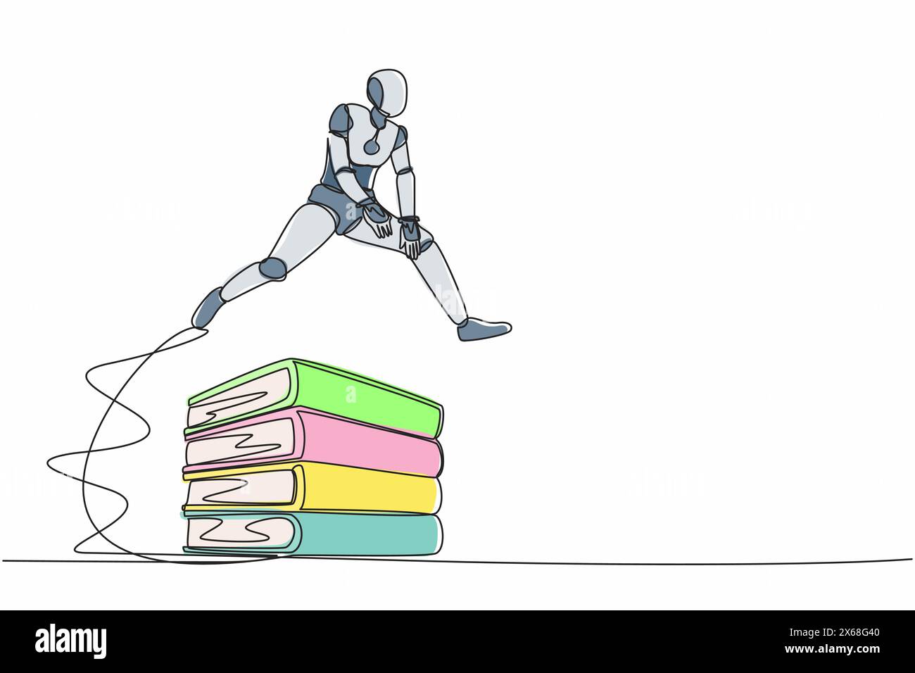 Single one line drawing robot jumping over pile of big binders. Stack of paper work document. Information classification. Future technology developmen Stock Vector