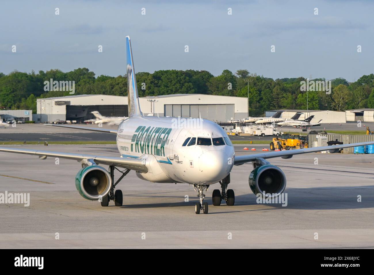 Baltimore, Maryland, USA - 3 May 2024: Airbus A320 jet operated by Frontier Airlines (registration N236FR) arriving at Baltimore Washington airport Stock Photo