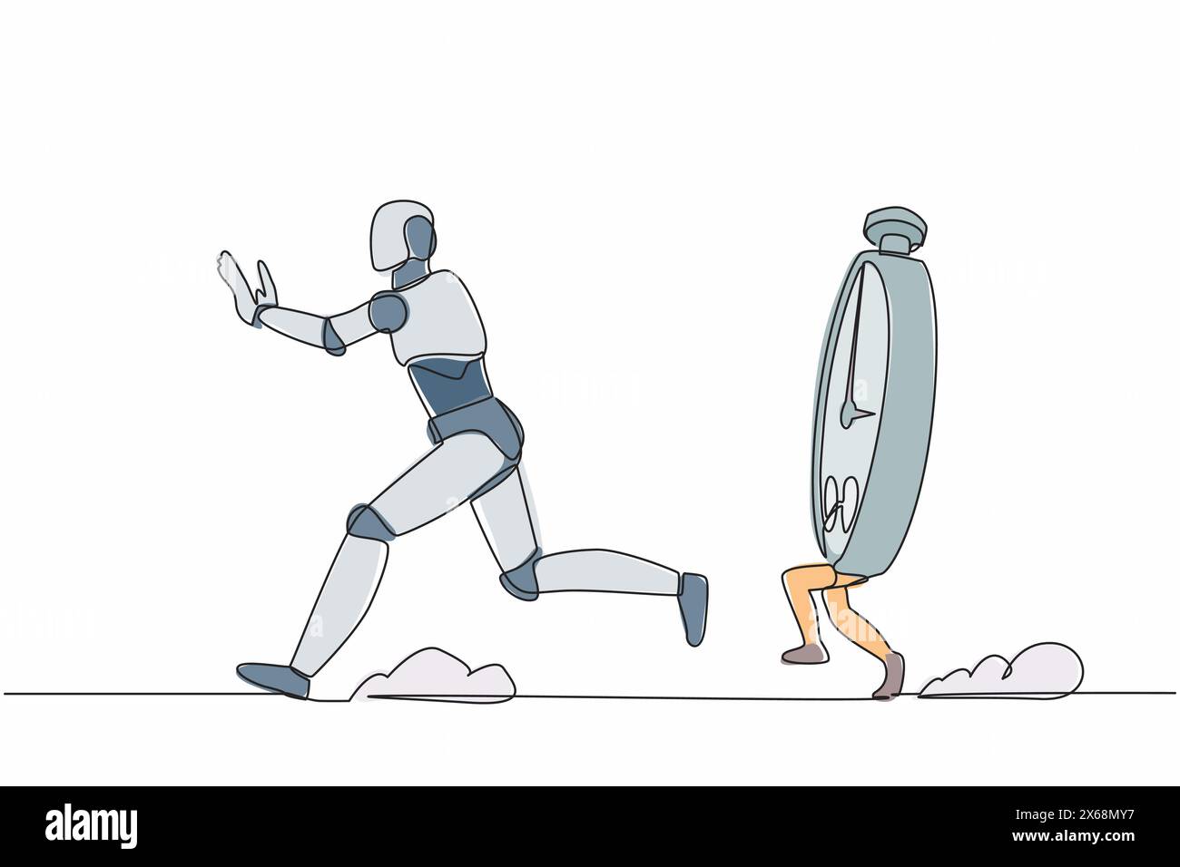 Single one line drawing stressed robot being chased by stopwatch ...