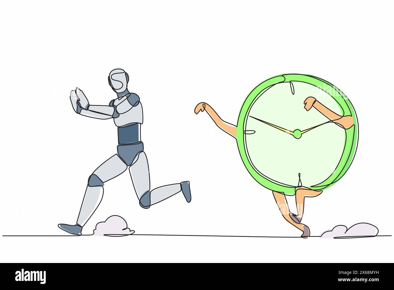 Single continuous line drawing stressed robot being chased by time ...
