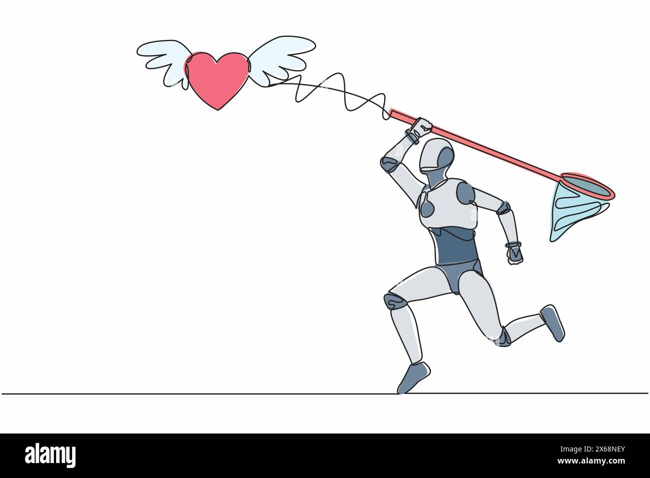 Single one line drawing robot try to catching flying heart with ...