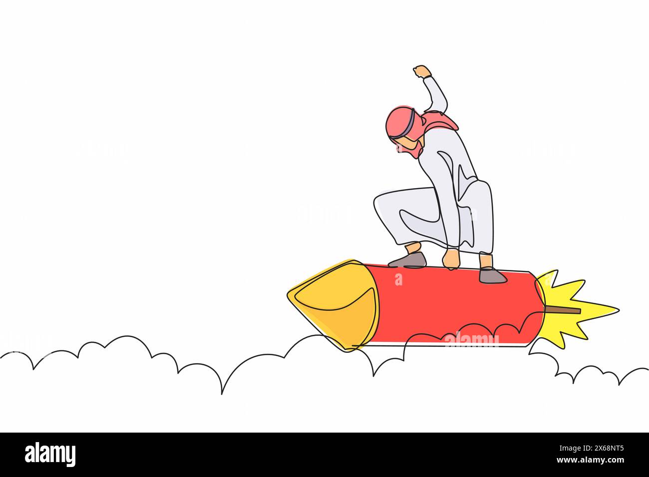 Single continuous line drawing happy Arab businessman riding a rocket through the sky, concept for business success, motivation and innovation. Dynami Stock Vector