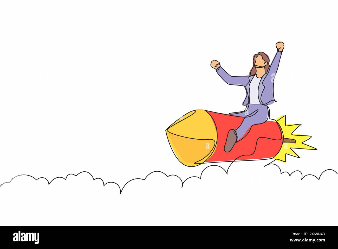 Single continuous line drawing businesswoman riding a rocket through the sky, concept for business success or innovation. Minimalist metaphor. Dynamic Stock Vector