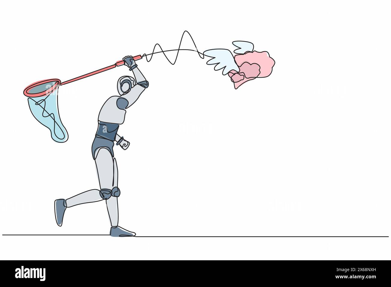 Continuous one line drawing robot try to catch flying brain with ...