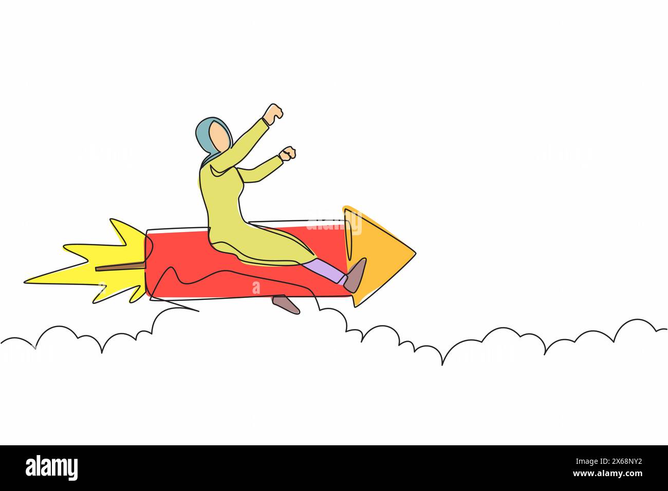 Single one line drawing smart Arab businesswoman riding a rocket through the sky. Ready for launch business innovation and winning competition. Contin Stock Vector