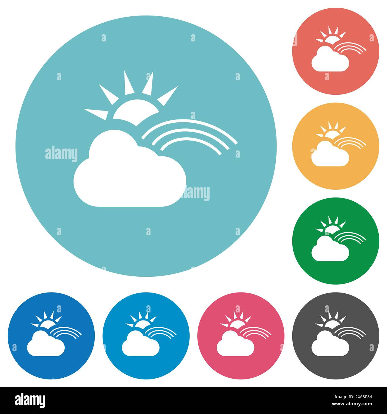 Sunny and rainbow weather flat white icons on round color backgrounds Stock Vector