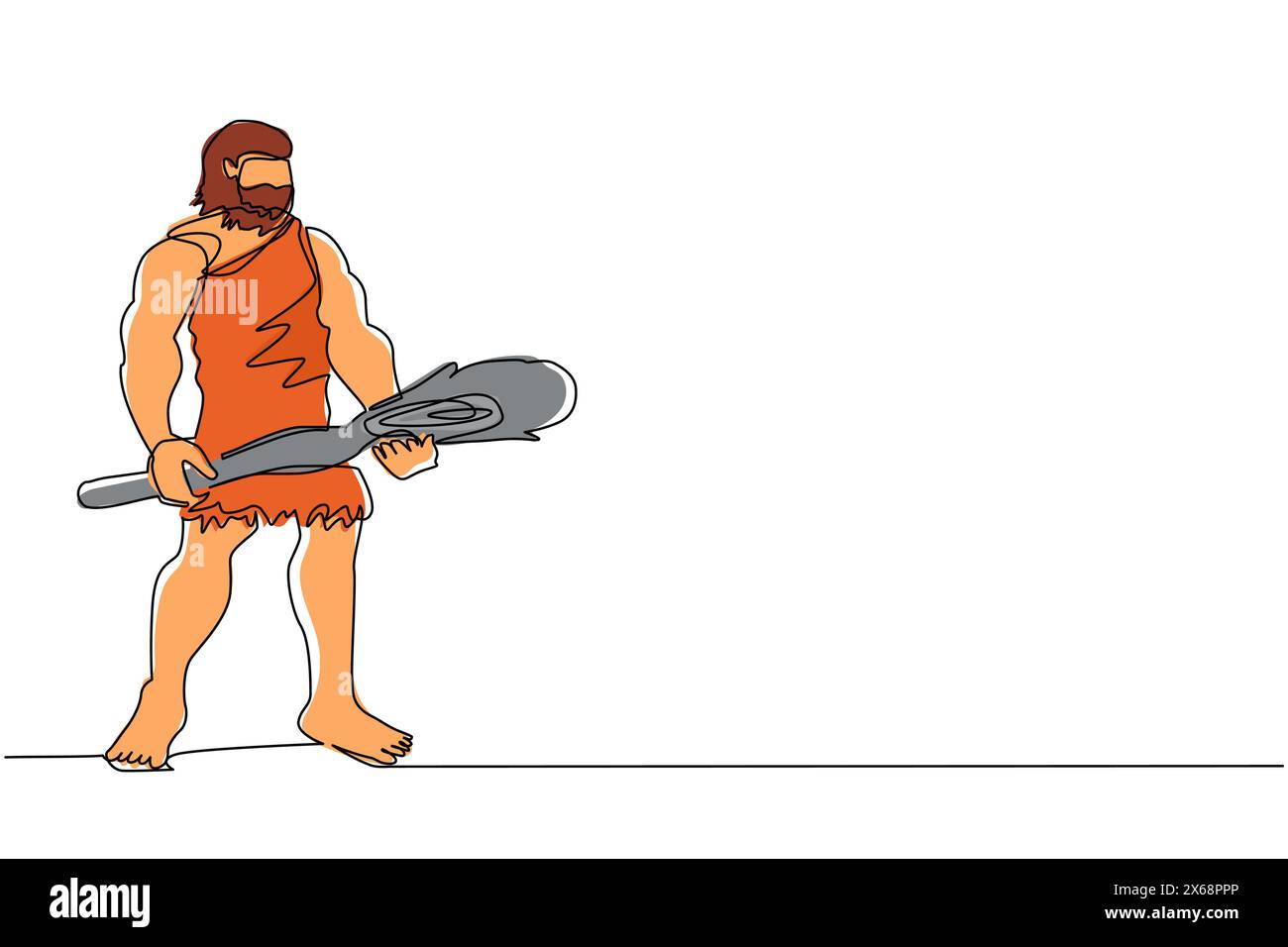 Single one line drawing caveman holding big wooden club or cudgel. Prehistoric bearded man dressed in animal pelt. Neanderthal hunter. Ancient homosap Stock Vector
