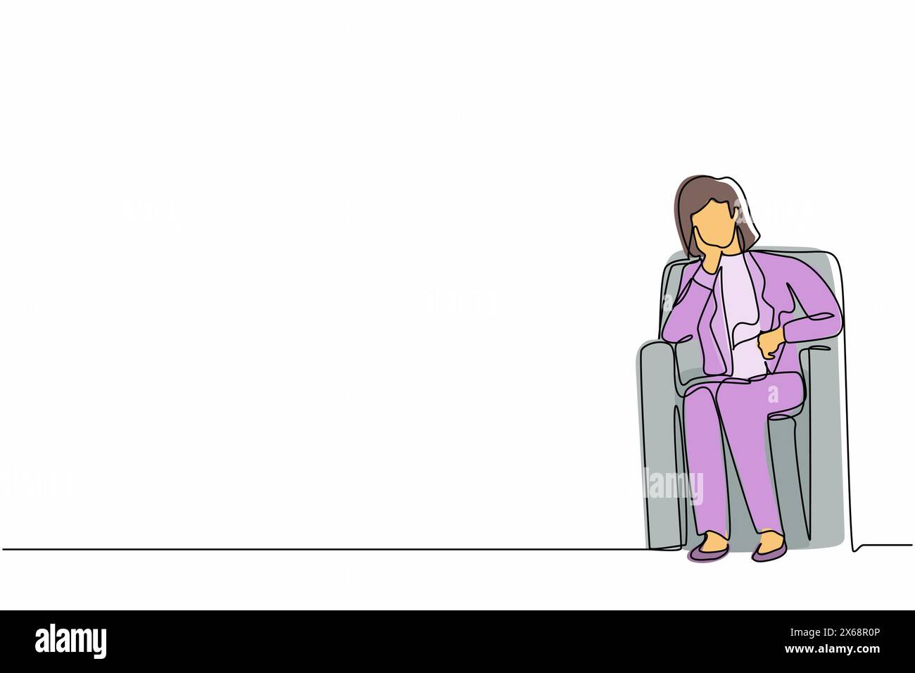 Single continuous line drawing businesswoman sitting at sofa, feeling stressed, alone. Anxious worker sit on couch, crying, feel frustrated, depressed Stock Vector