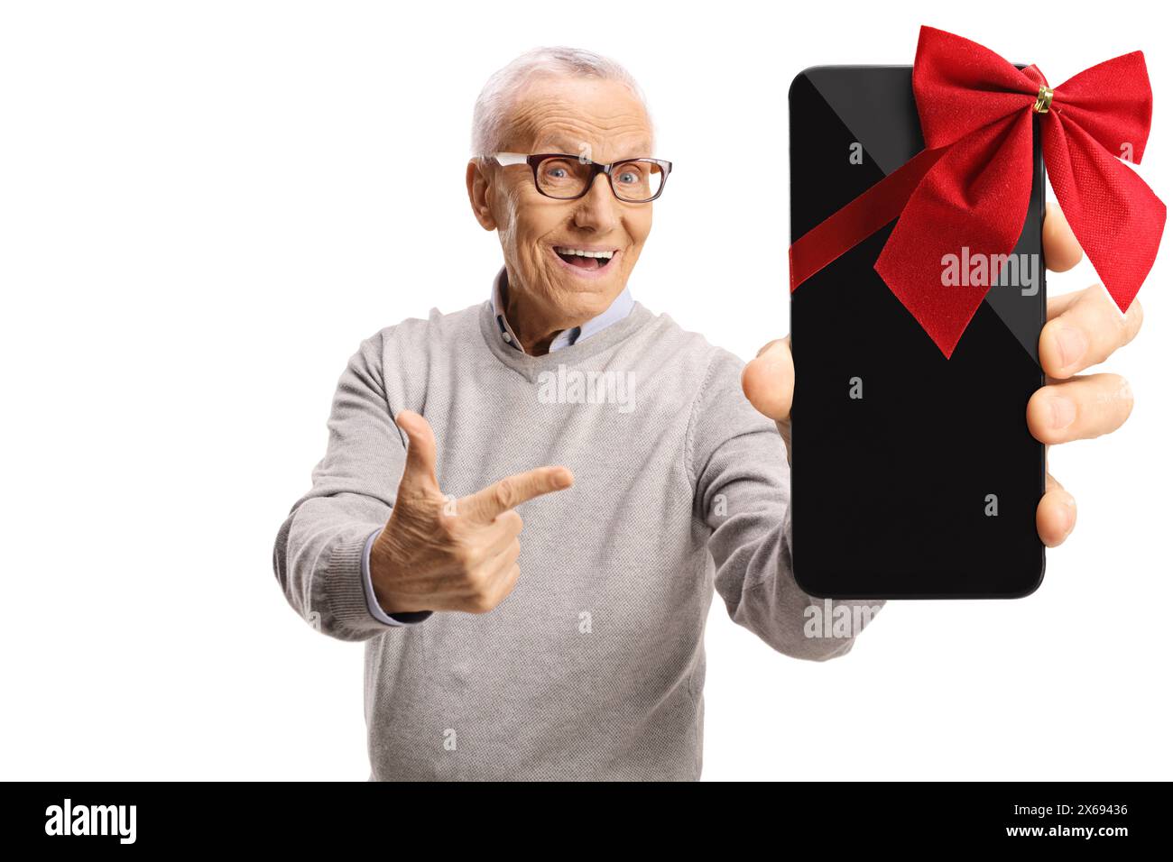Happy elderly man winning a smartphone isolated on white background Stock Photo