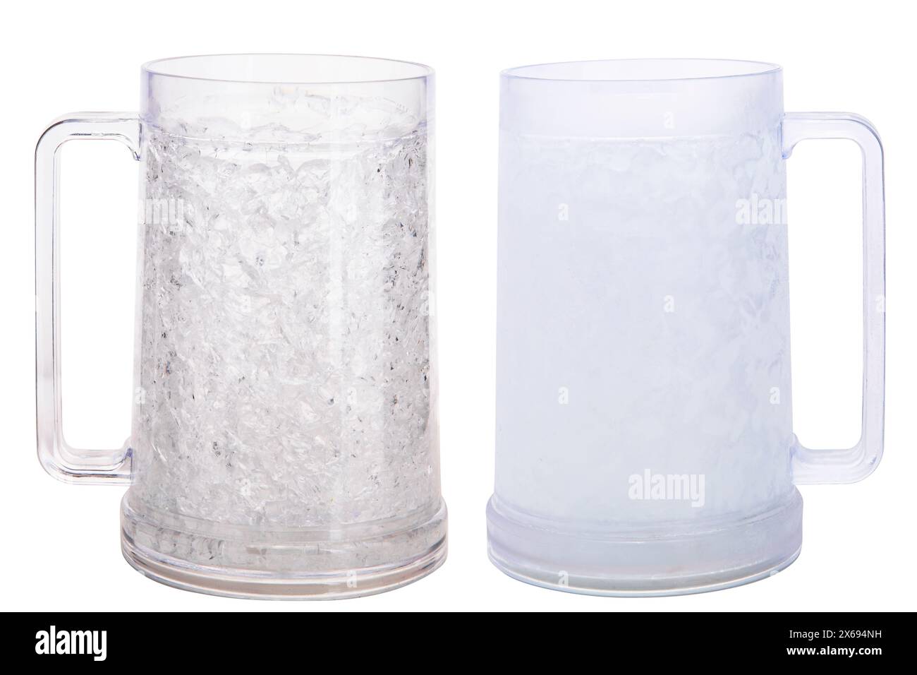 Two empty beer mugs with ergonomic handle isolated on white background with copy space Stock Photo