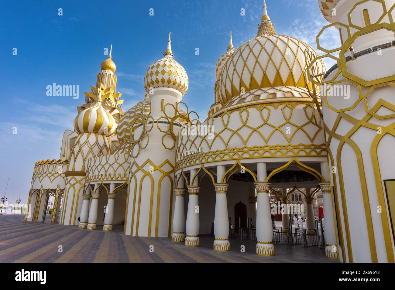 Russian style main unreal enterance of the global village in Dubai in UAE with blue sky Stock Photo