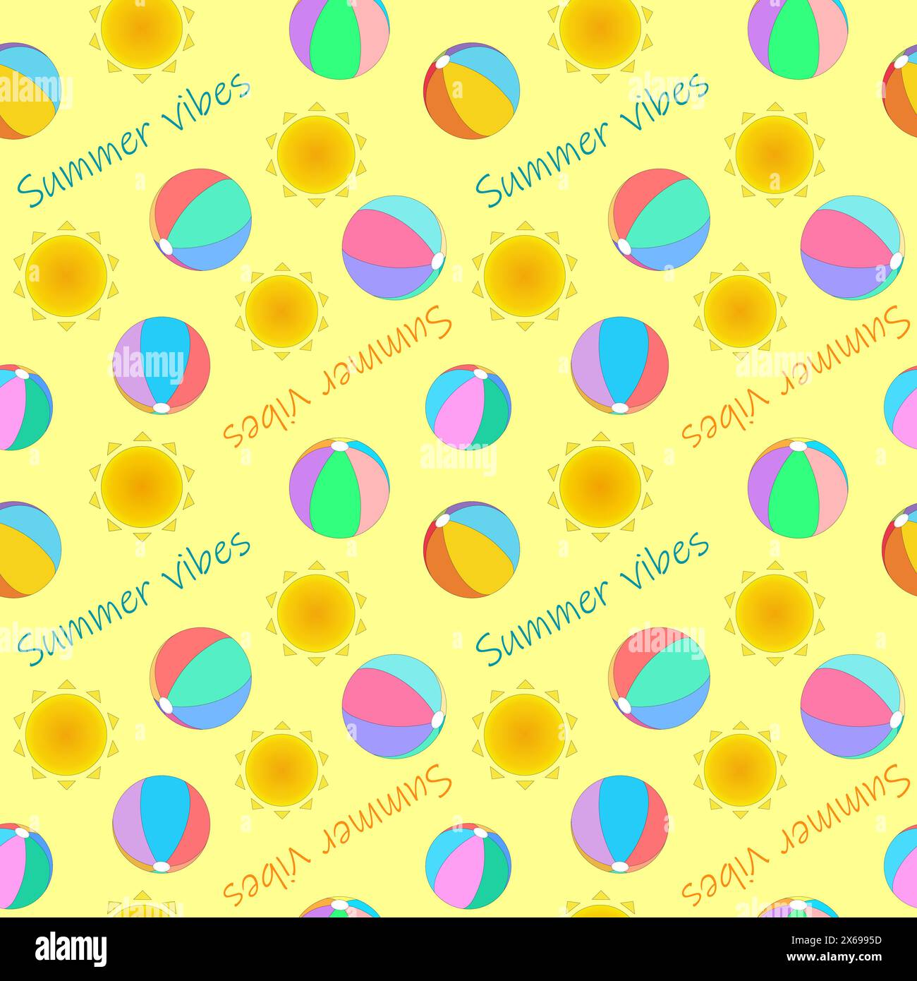 Beach balls for kids, sun and Summer vibes lettering on yellow background. Summertime. Vector seamless colorful pattern. Stock Vector