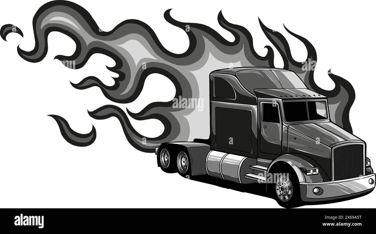 illustration of Monochrome semi truck with flames Stock Vector