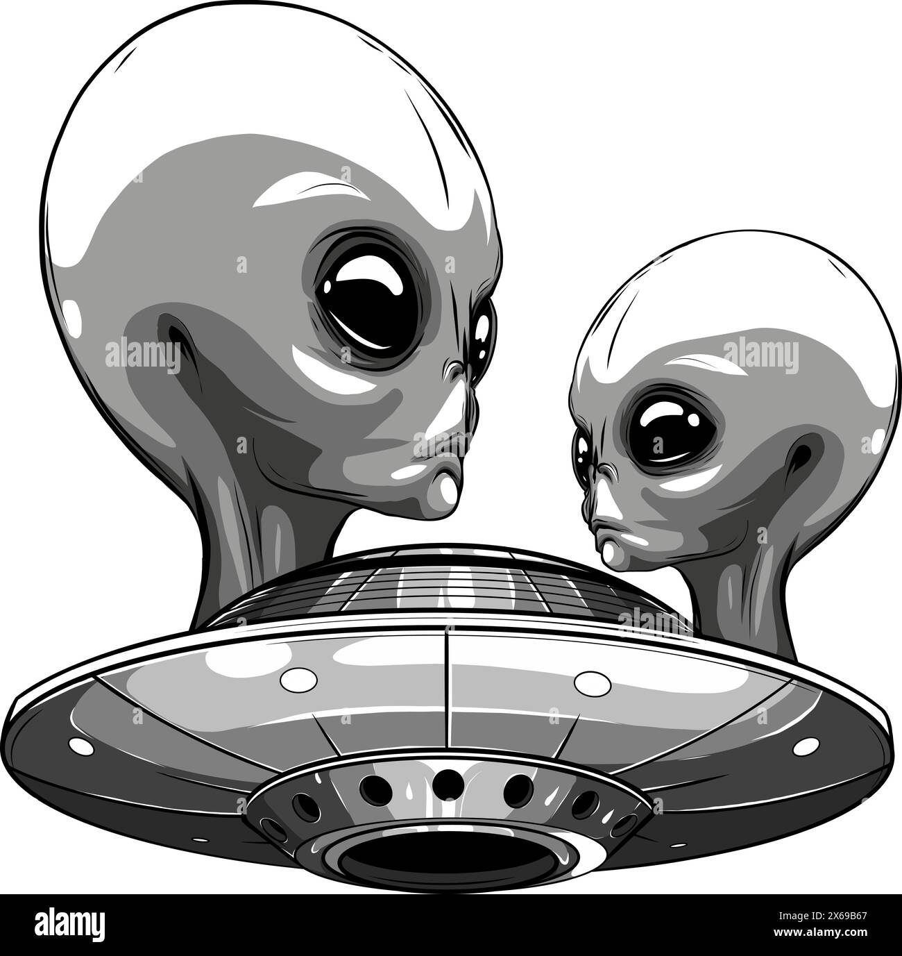 monochrome Spaceship UFO with alien grey head Stock Vector