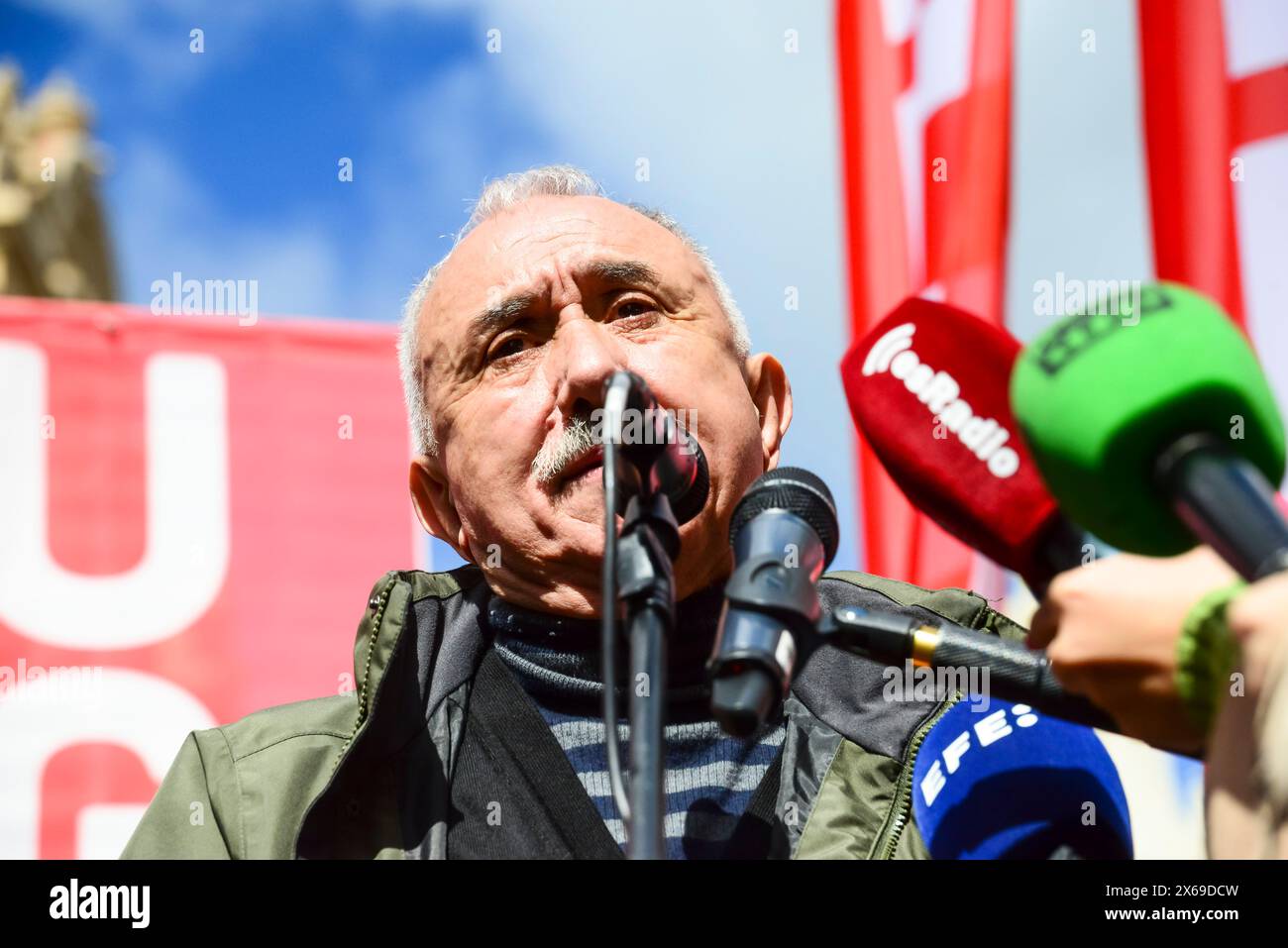 Pepe Alvarez  and Maria Jesus Montero seen before the traditional 1st May International Labour Day demonstration organised by the trade unions, CCOO, Comisiones Obreras, Workers Commissions, UGT, Union General de Trabajadores, in the centre of Madrid Spain May 1st 2024 Stock Photo