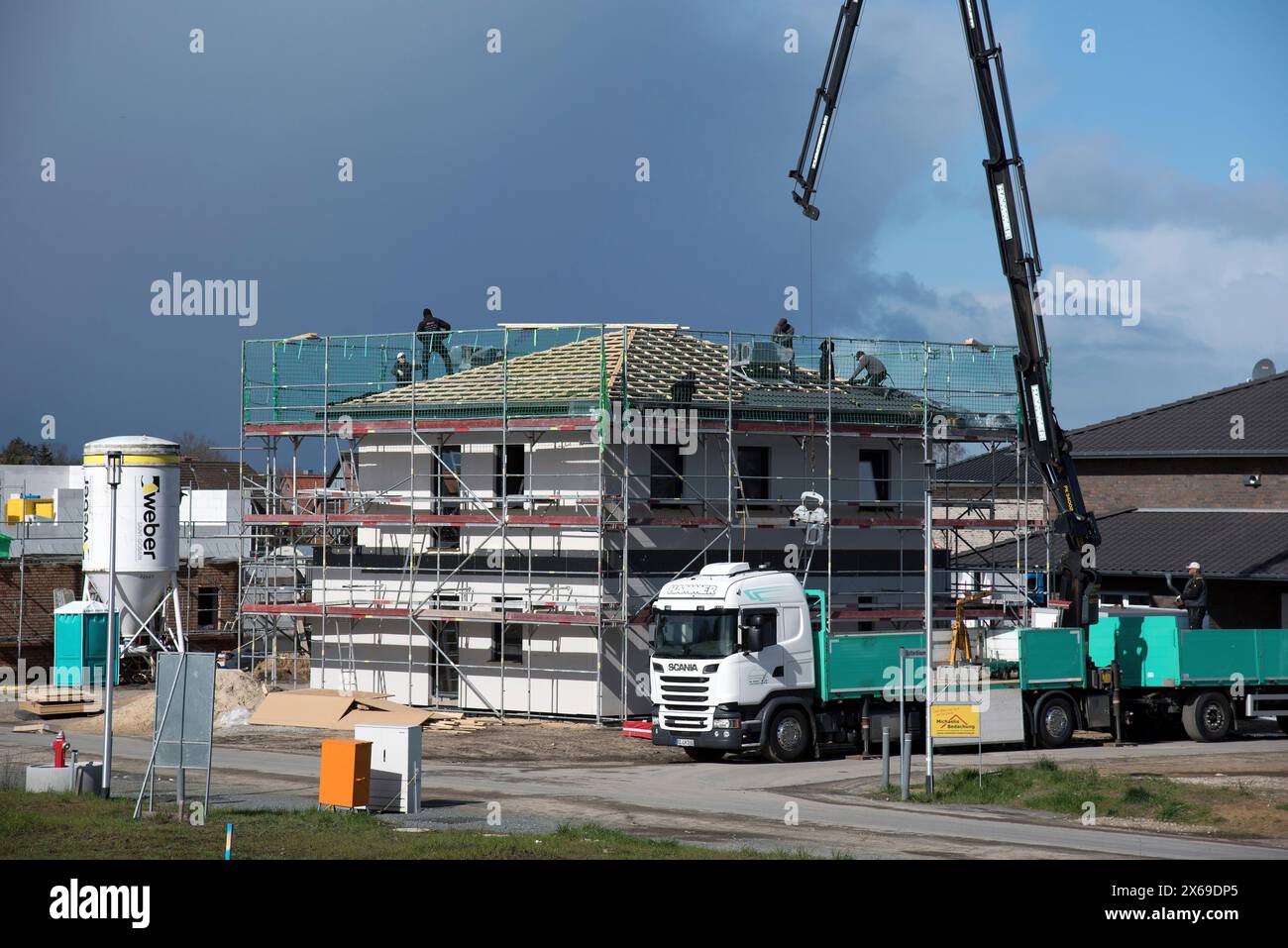 Europe, Germany, Lower Saxony, single-family house new build, shell, attic, roof truss Stock Photo