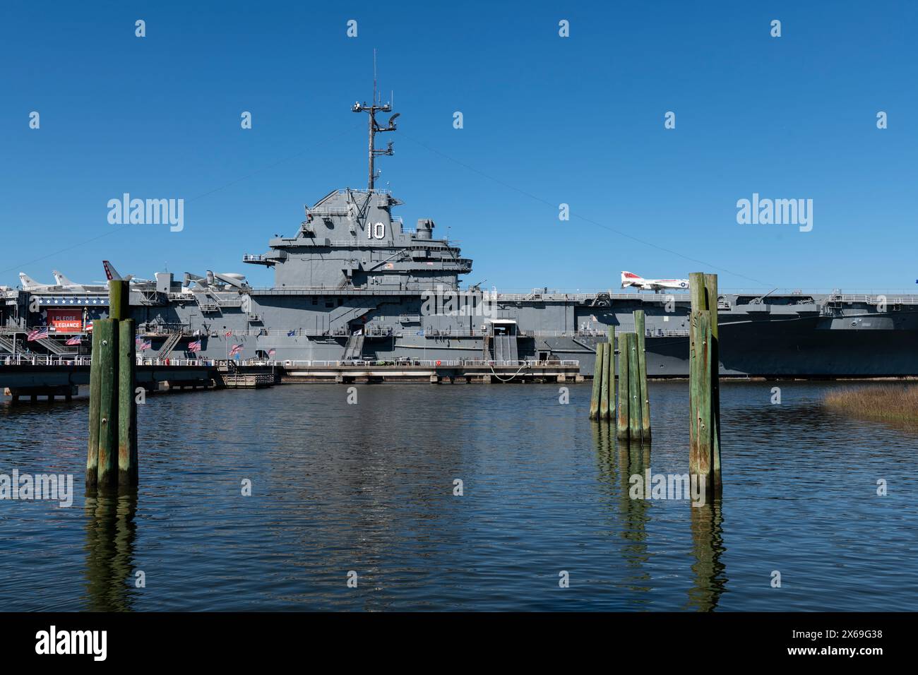 USS Yorktown in dry dock showing midship section with aircraft and ...