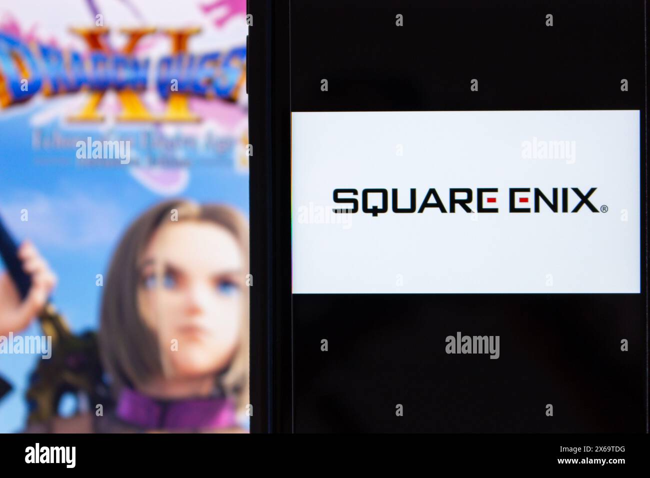 Square Enix company concept image. Leading Japanese game publisher, famous for RPG games like Final Fantasy and Dragon Quest. Video game industry Stock Photo
