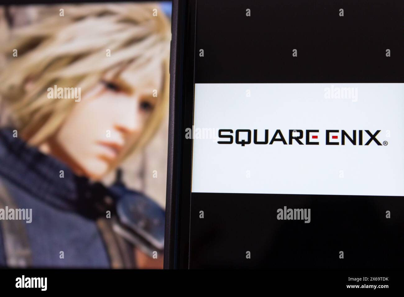 Square Enix company concept image. Leading Japanese game publisher, famous for RPG games like Final Fantasy and Dragon Quest. Video game industry Stock Photo