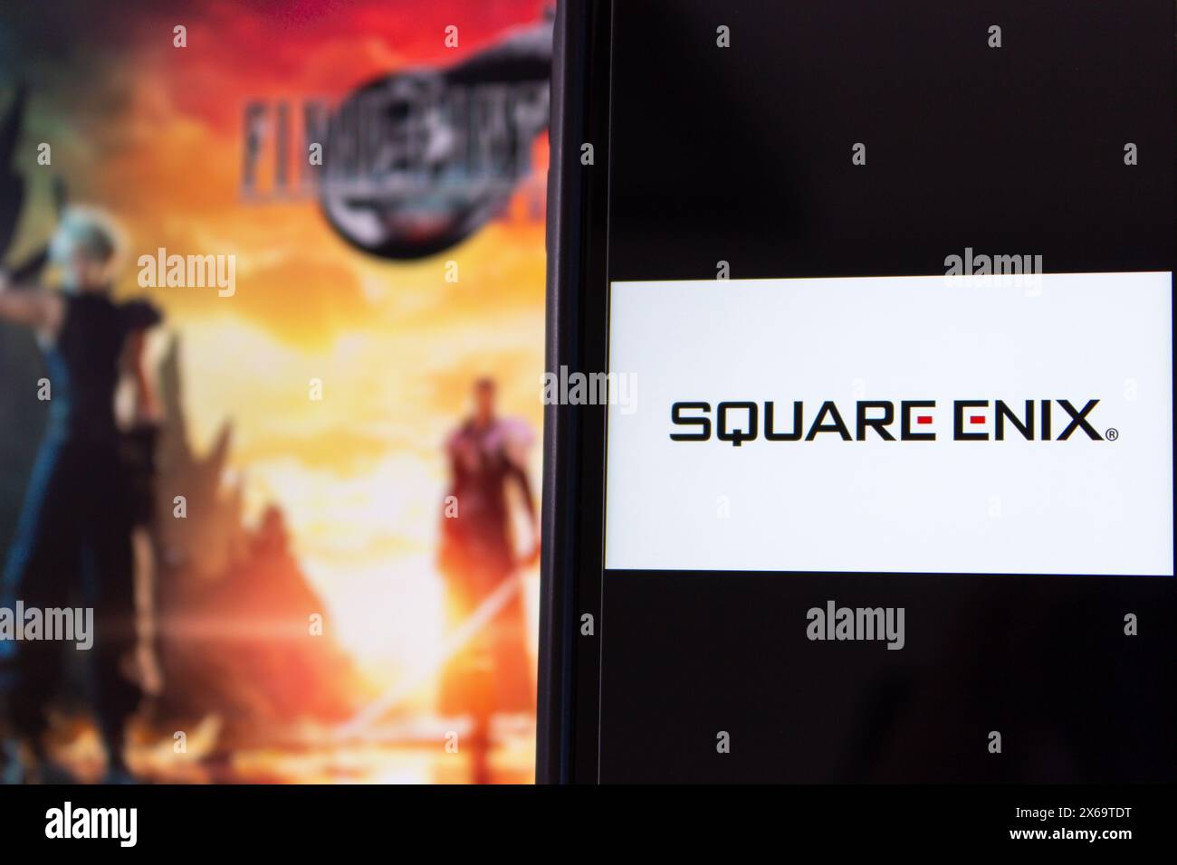 Square Enix company concept image. Leading Japanese game publisher, famous for RPG games like Final Fantasy and Dragon Quest. Video game industry Stock Photo