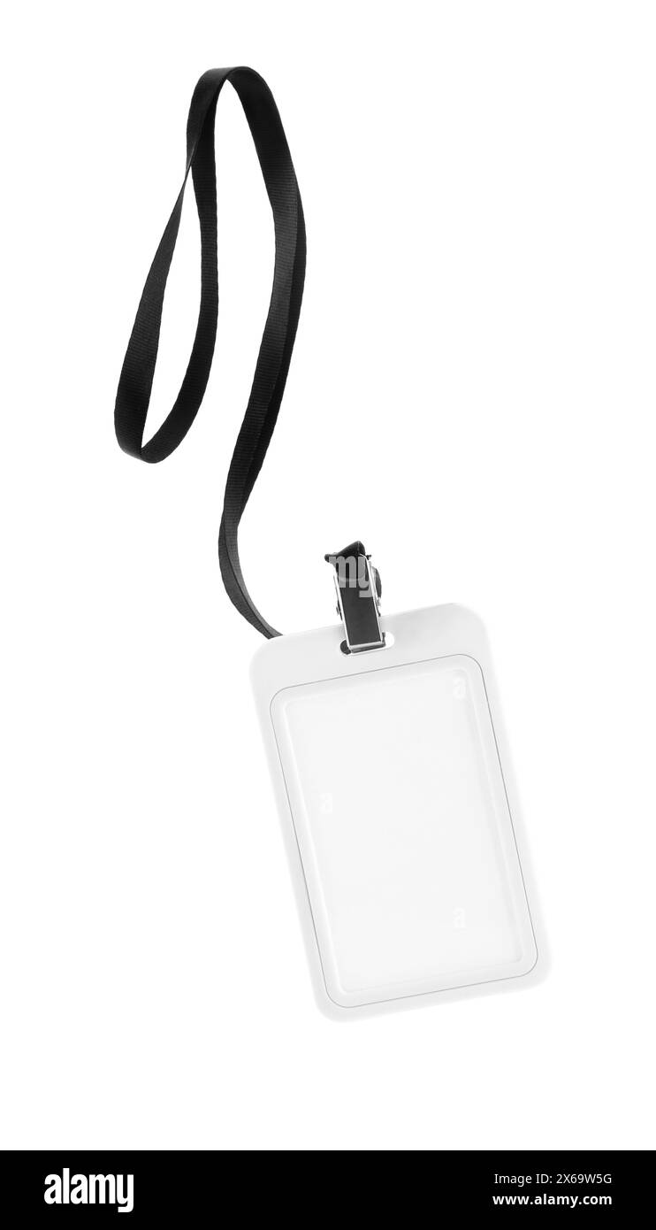 Blank badge with black string isolated on white Stock Photo - Alamy