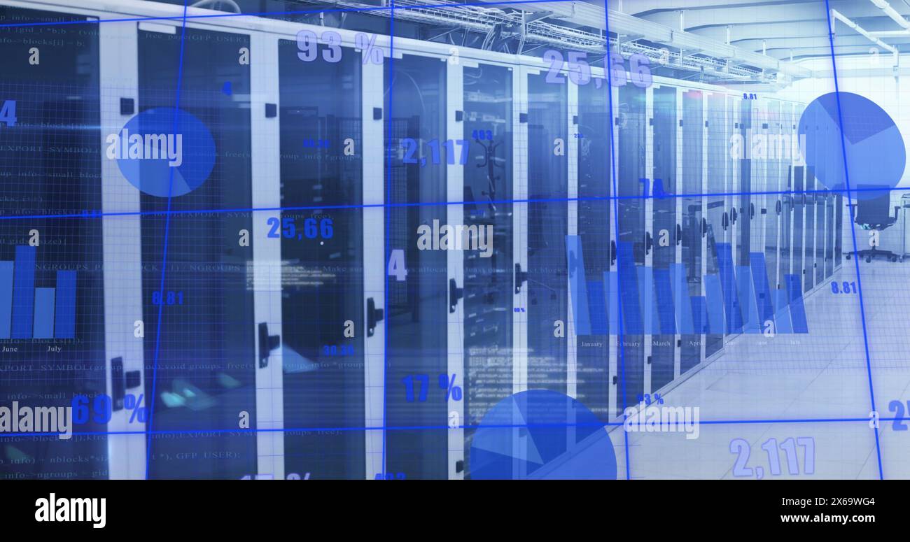 Image of statistical data processing and light spots against computer server room Stock Photo