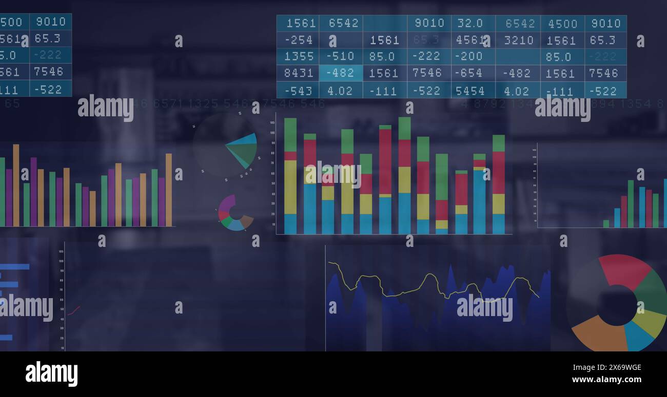 Image of multiple charts and graphs over defocused cafes interior Stock ...