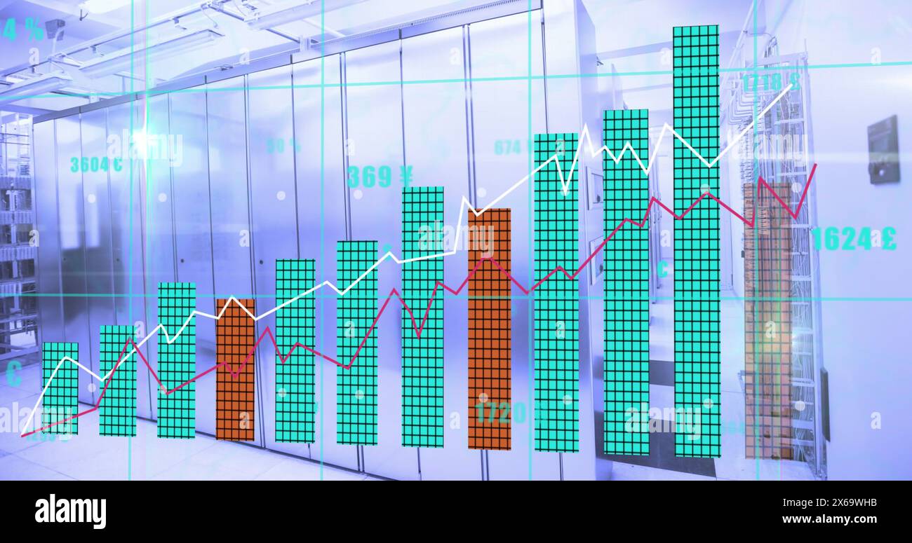 Image of statistical data processing and light spots against computer server room Stock Photo