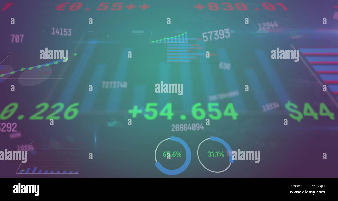 Image of changing numbers, statistical, stock market data processing on blue gradient background Stock Photo
