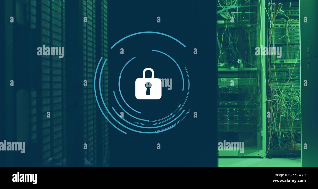 Image of padlock in loading circles over data server system in server room Stock Photo