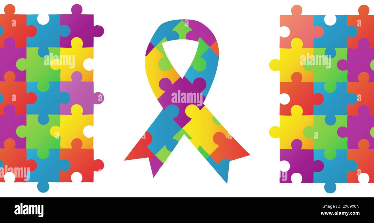 Image of colourful puzzle pieces autism awareness month ribbon Stock Photo