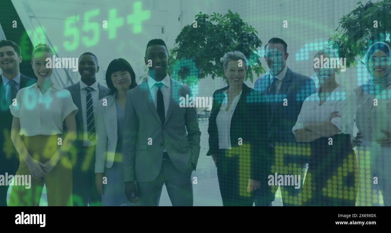 Group of diverse colleagues standing together, wearing business attire Stock Photo