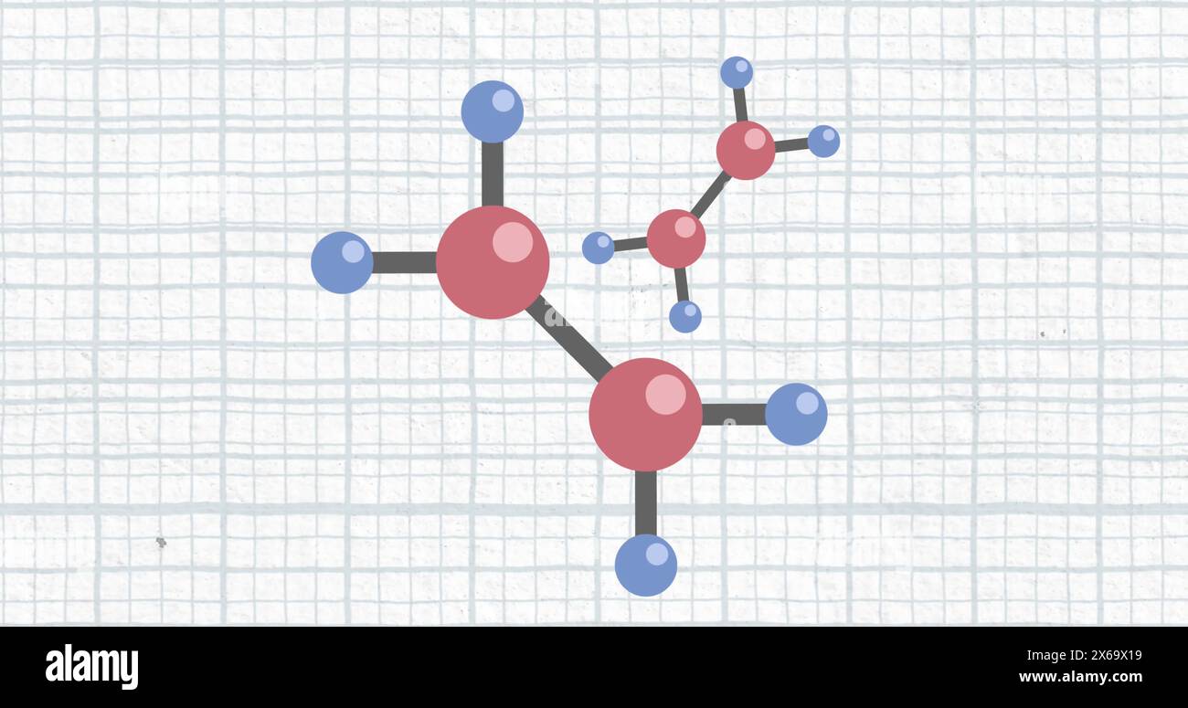 Image of molecules over blue grid on white Stock Photo