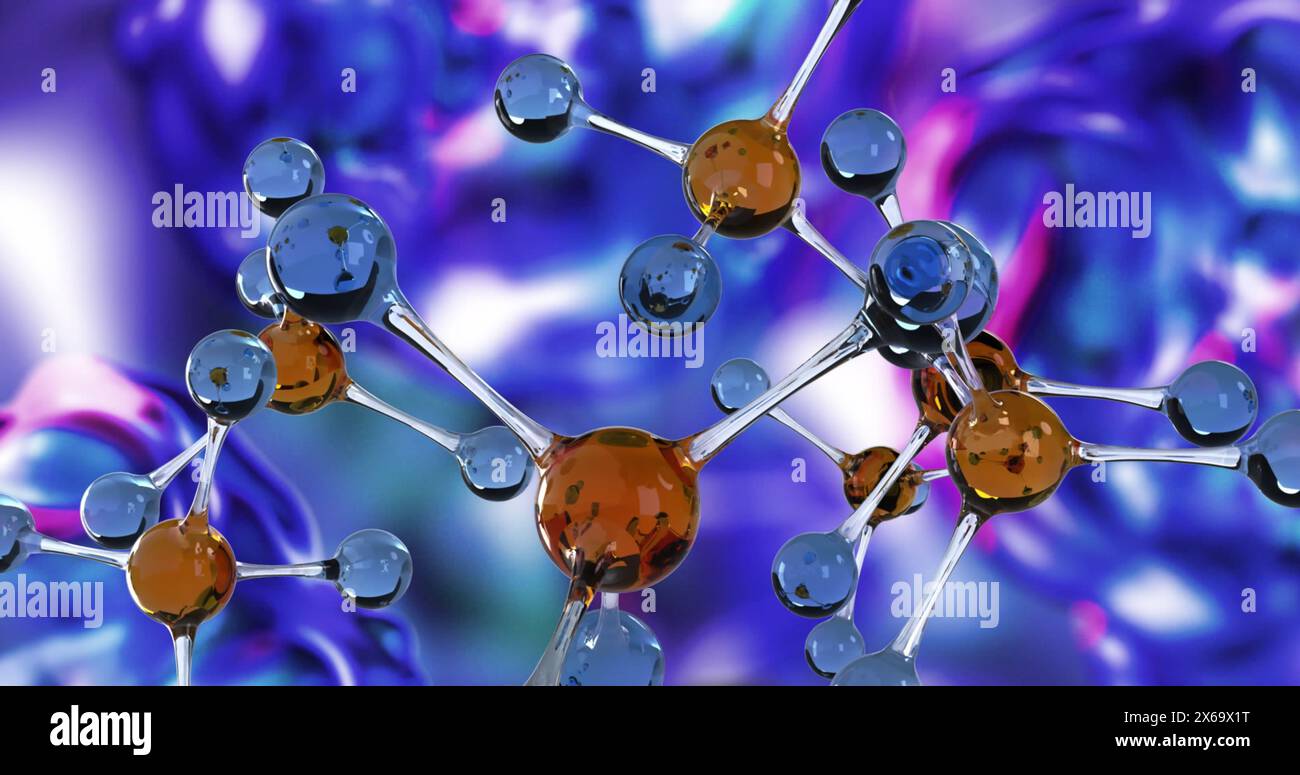Image of dna molecules over glowing, colorful, liquid, background Stock Photo
