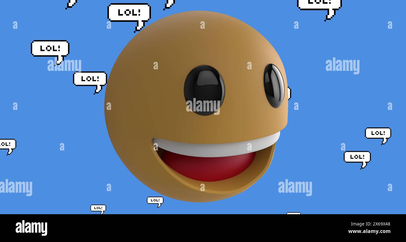 Image of smiling emoji icon with lol text on blue background Stock ...