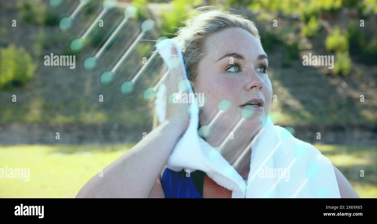 Image of dna strand over caucasian women drinking water Stock Photo - Alamy