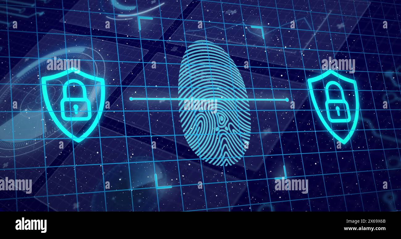 Image of fingerprint over data processing on blue background Stock Photo