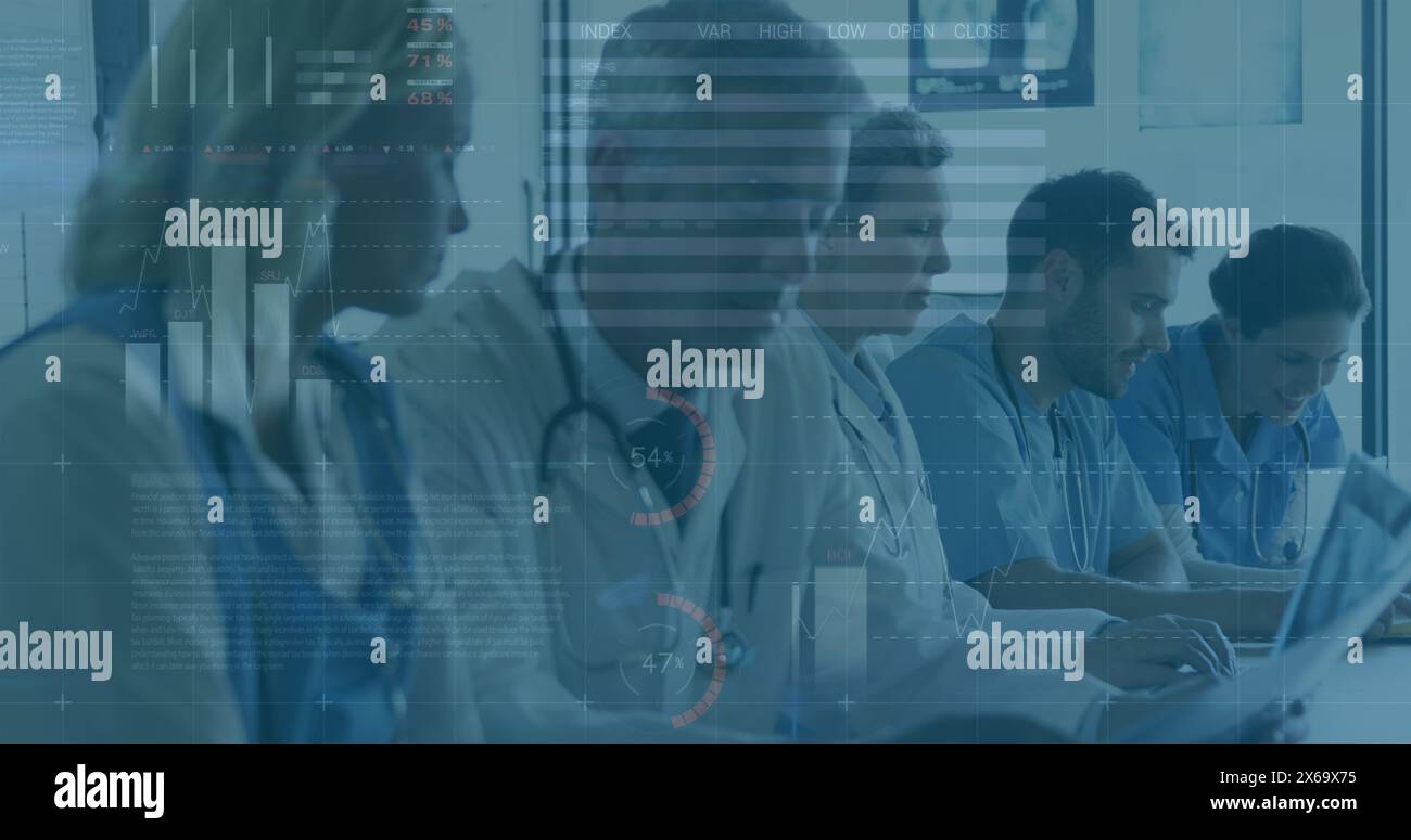 Image of data processing over diverse group of doctors Stock Photo