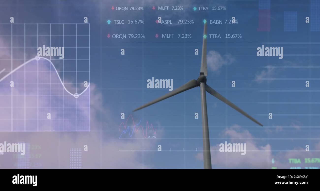 Image of financial data processing over wind turbine Stock Photo